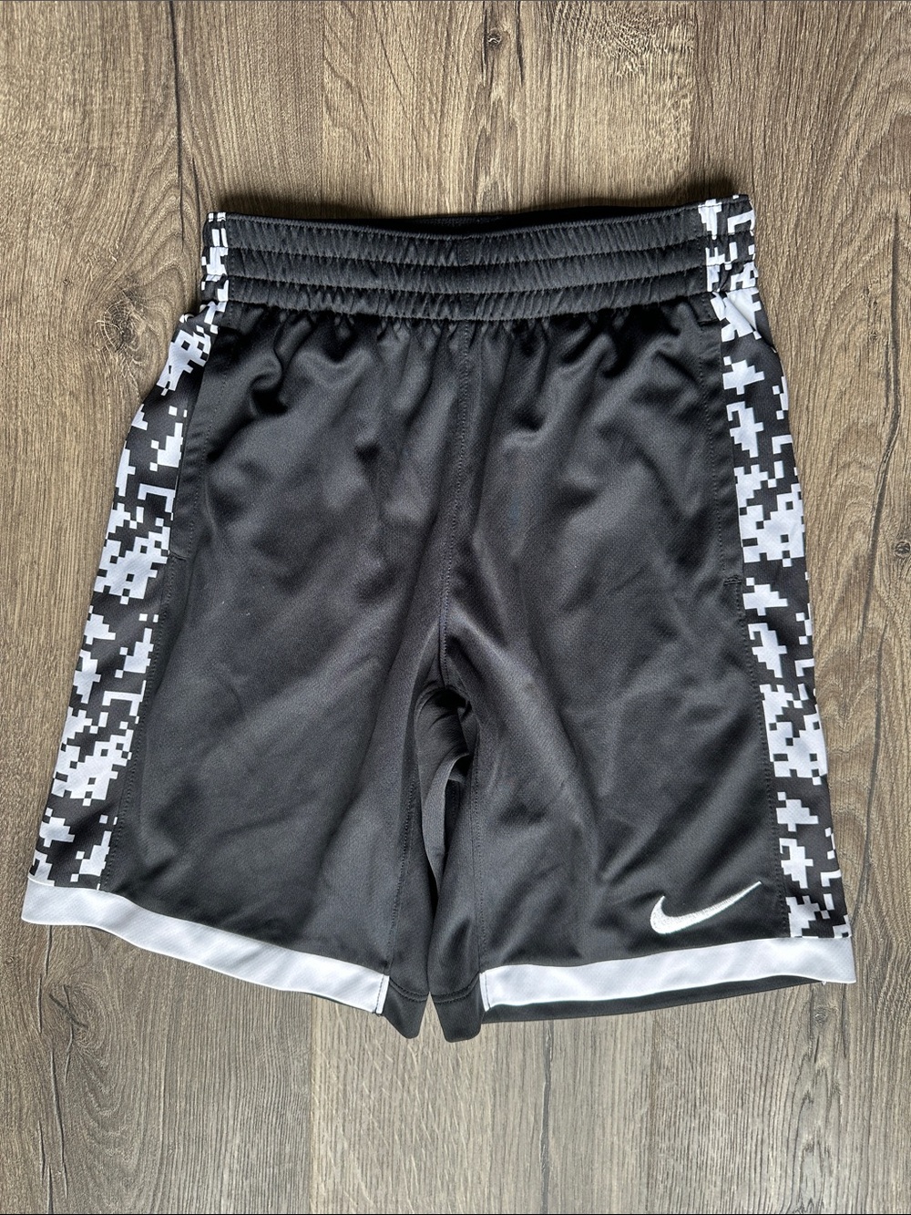 Boys Nike Dri-Fit Black Shorts with White Pixel Side Panels